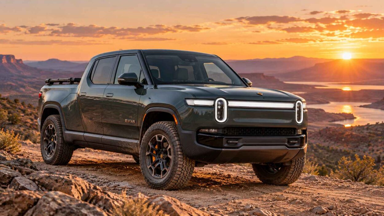 Dark Rivian R1T Quad parked above a desert canyon.