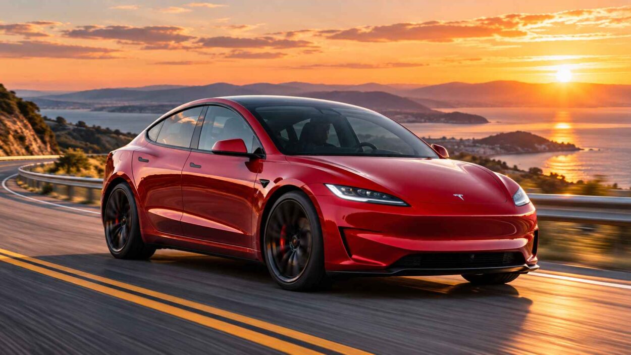 Red Tesla Model 3 Performance on a sunset coastal highway.