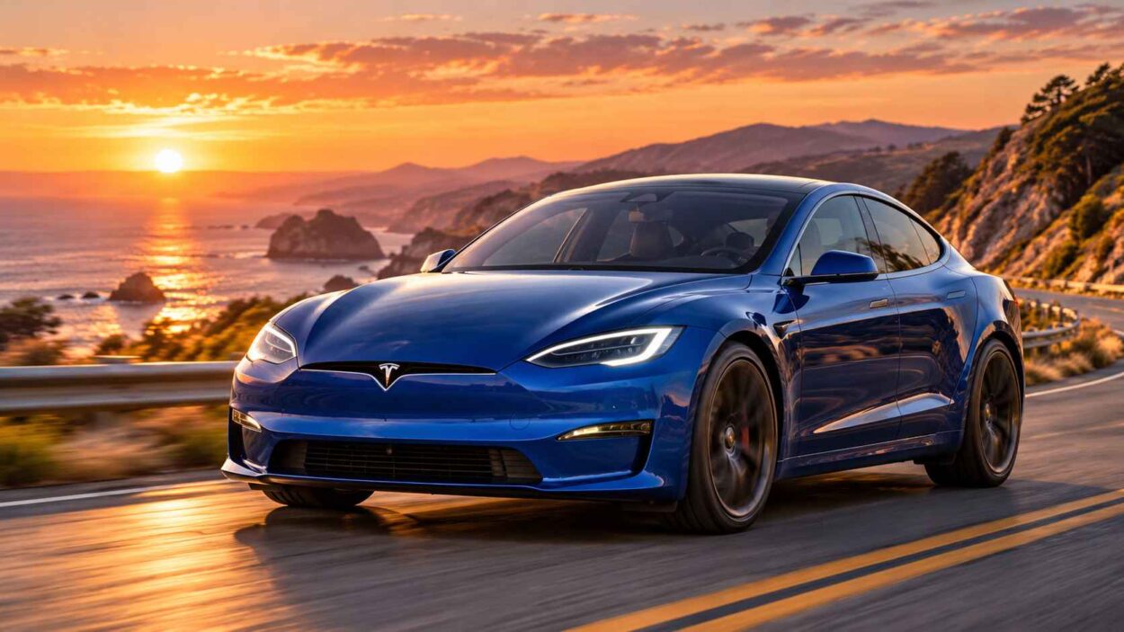 Blue Tesla Model S Plaid speeding on a winding coastal highway.
