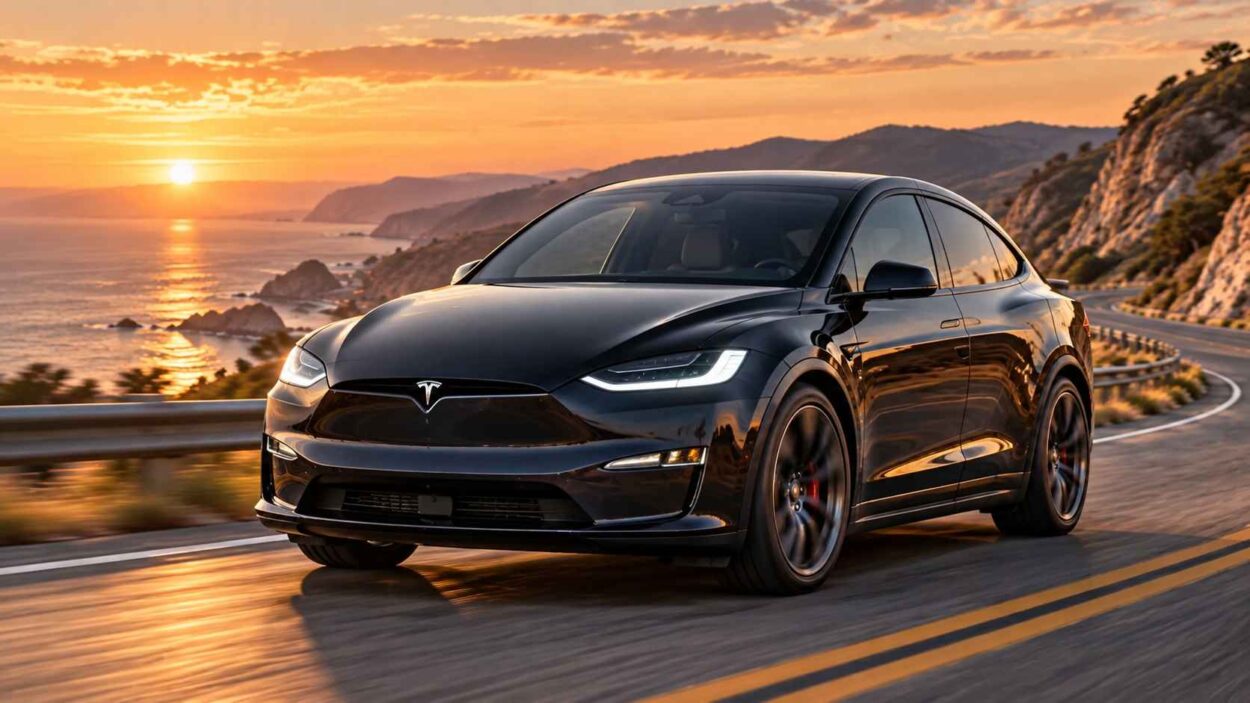 Black Tesla Model X Plaid driving along a coastal highway.