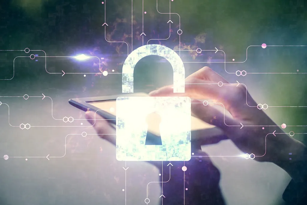 Double exposure of lock sketch hologram and woman holding and using a mobile device. Security iT concept