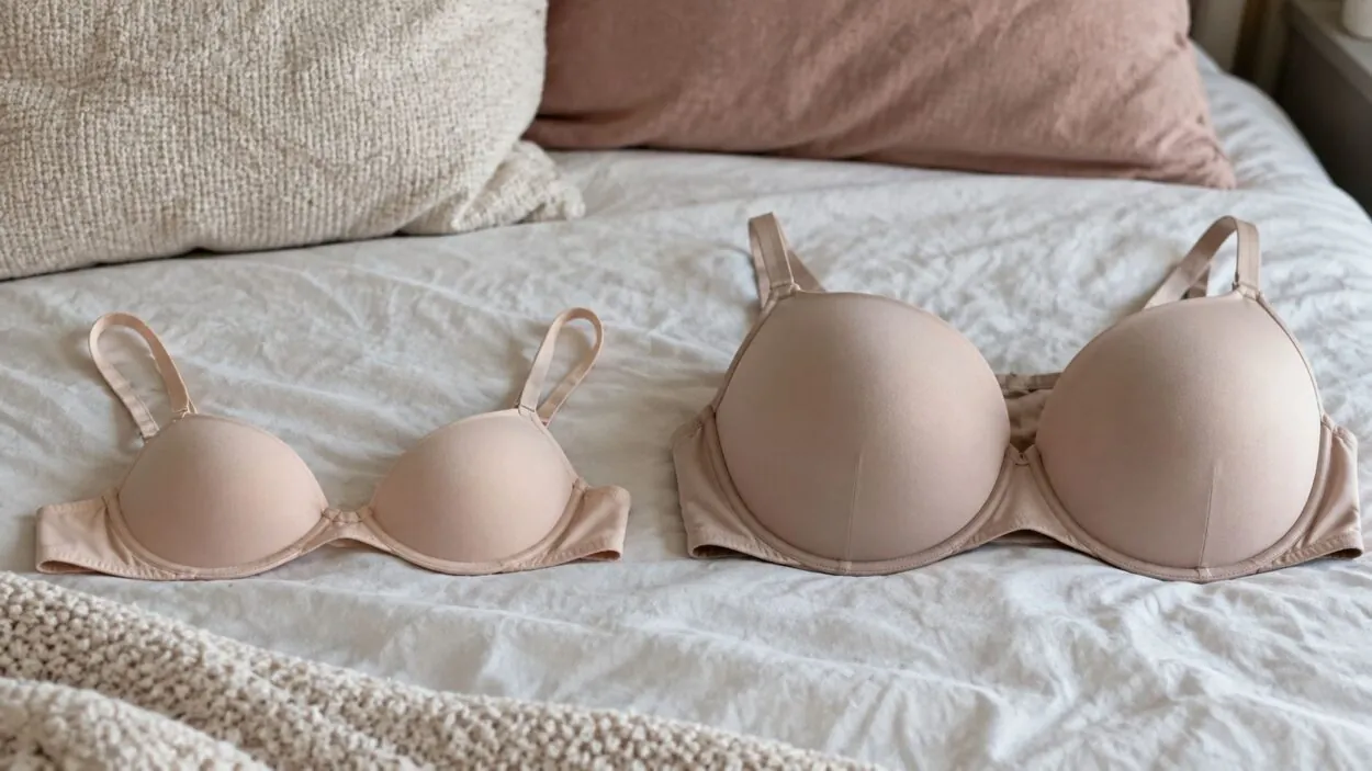 Small and large nude bras placed next to each other on a bed.
