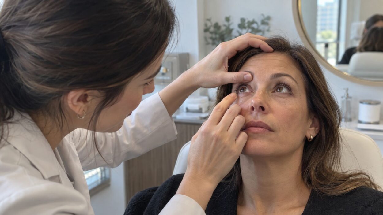 Clinician examining a woman’s upper and lower eyelid area.