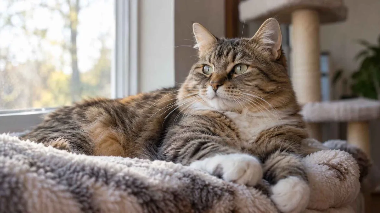 Brown tabby cat with white paws resting on a soft blanket beside a sunlit window.