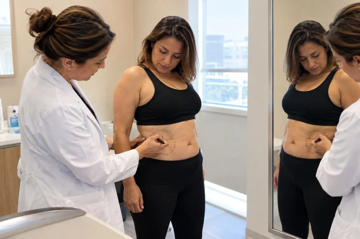 Doctor marking a woman’s abdomen before a planned liposuction procedure.