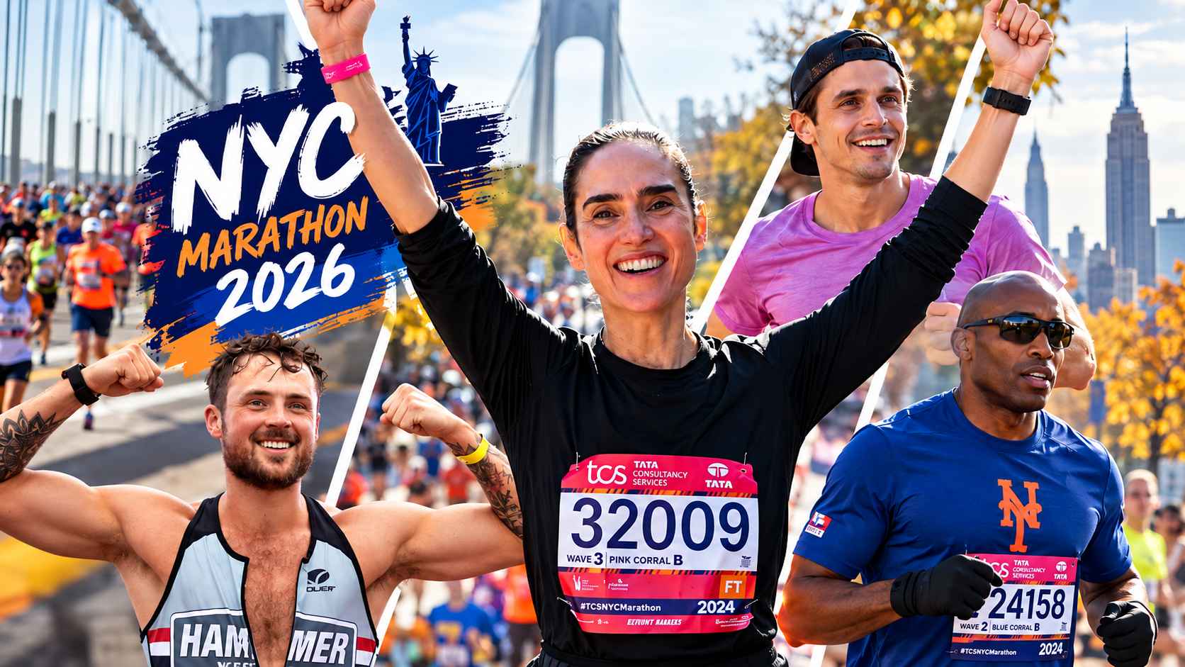 Jennifer Connelly, Dylan Efron and other celebrity runners featured in an NYC Marathon 2026 collage.