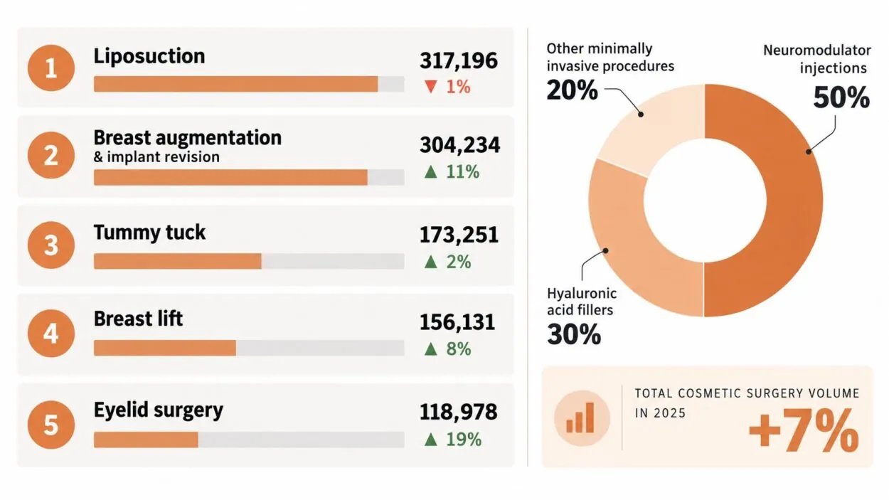 Infographic comparing leading cosmetic surgeries and minimally invasive procedures in 2025.
