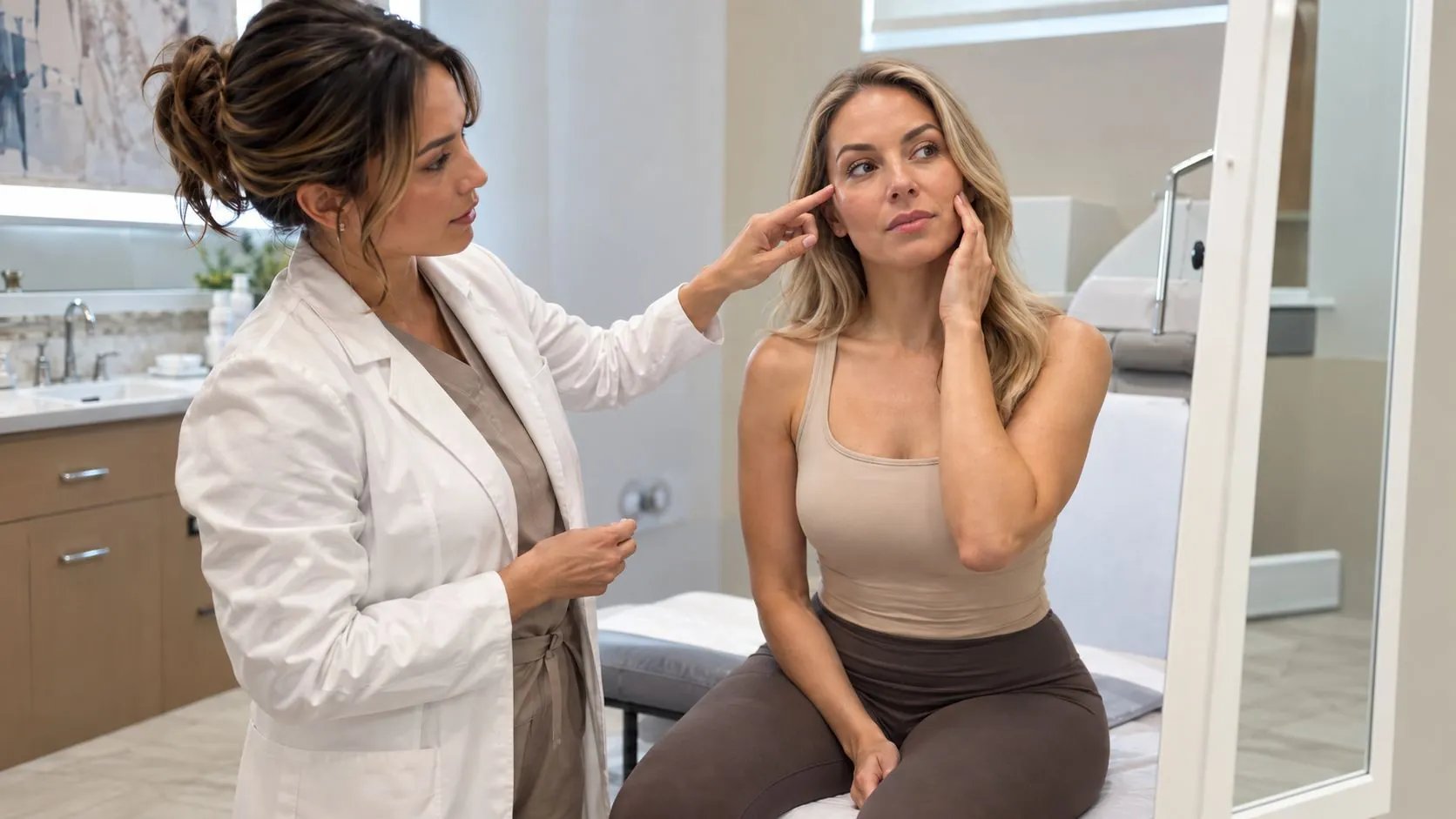 Woman discussing cosmetic treatment options with a clinician.