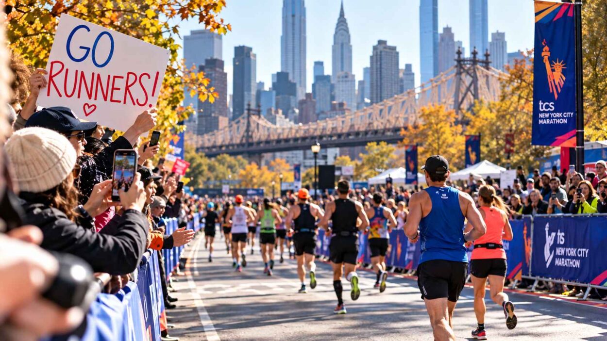 Spectators cheering and photographing runners along the NYC Marathon route with the Manhattan skyline in the background.