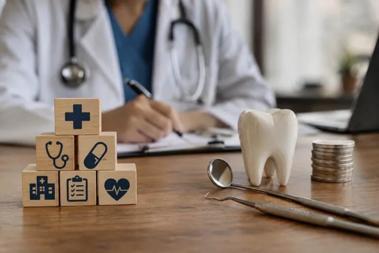 Dental model, medical symbols, and coins representing healthcare and dental insurance costs.